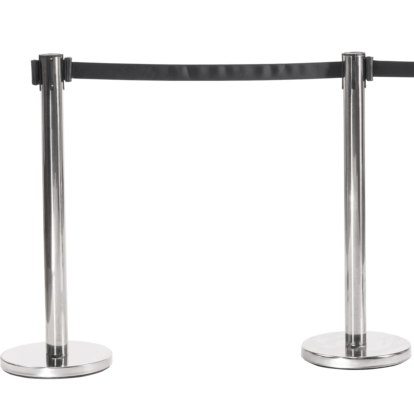 Queue Barrier, Retractable Belt, Pull Out Safety Tape, Queuing Post, Chrome Base with (Chrome Post, Black Belt (Pack of 2))