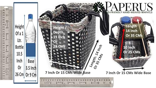 Image of Paperus, Brown Check, Large, Lunch Bag with 2 Bottle Holders, Picnic Basket, Travel Bag, Eco-Friendly, Handmade, of Paper Ropes, Length 14 inch, Height 11 inch & 7 Inch Broad Base