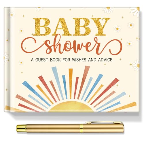 Image of Fuyoooo 27 Pcs Boho Sun Baby Shower Guest Book Baby Shower Sign in Guest Book Reception with Sonogram Page Keepsake Includes Gold Pen Table Card and Adhesive Photo Corner for Birthday