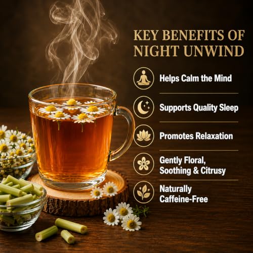 Image of BREW SAGE Night Unwind Herbal Tea | Chamomile & Lemongrass for SLEEP, STRESS RELIEF & RELAXATION | Caffeine & Sugar-Free Bedtime Tea for Good Sleep | Vegan, GMP Certified, 30 Tea Bags, Plant based