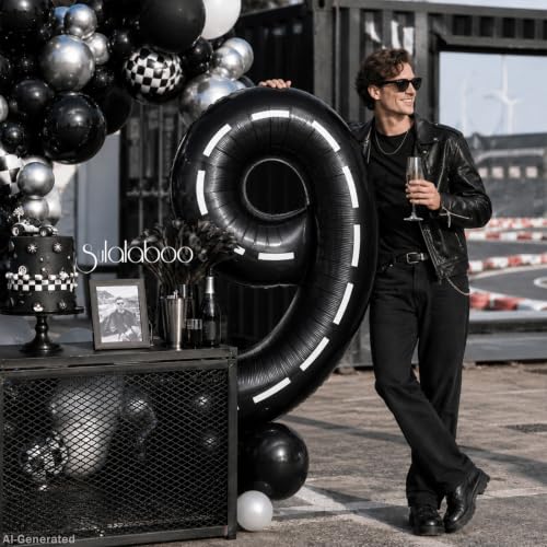 Image of Race Car 40 Inch Black 9 Big Large Helium Balloon Number 0-9 | Track Giant Digital 9th Foil Mylar Party Balloons for Men Birthday Car Theme Party Anniversary Graduation Decorations