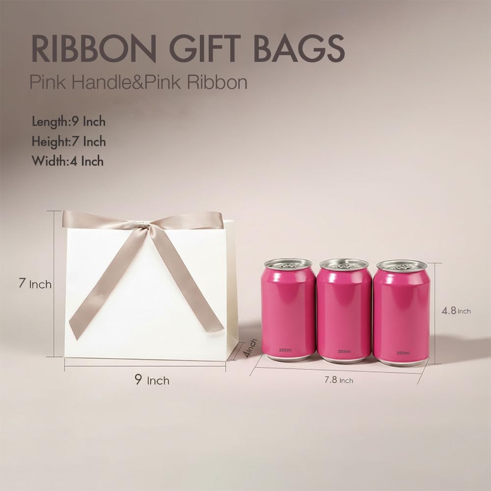 KLOVYRA Medium White Gift Bag with Pink Ribbon, 9×4×7 Inch Landscape Size — Wide White Kraft Paper Bag with Handles, Birthday, Party Favor Packaging, Reusable Eco Friendly Paper Tote (2 Pack) - Image 5