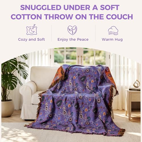 Image of LUTBM Boho Throw Blanket for Bed 60 inchx80 inch, 100% Cotton Purple Couch Blankets