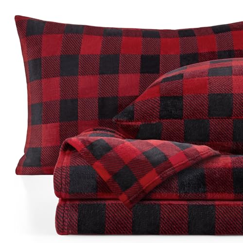 Image of BEDELITE Flannel Sheets Queen Size Bed Set, Luxury Red and Black Plaid Christmas Bedding Set, Super Soft & Warm Fuzzy Fleece Sheets 4 Piece(Include Fitted Sheet, Flat Sheet, 2 Pillowcases)