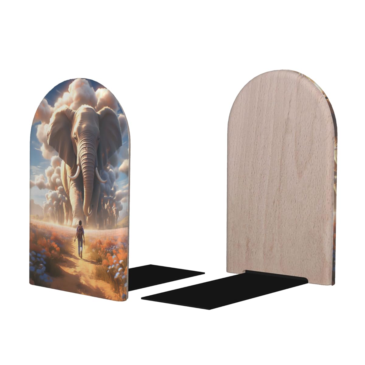(2 PCS/1 Pairs) Wood Bookends Cute Elephant Animal Decorative Wood Bookends for Student School Shelves Kids Room Desk Home Office Book Stoppers for Holiding Books 5x3 Inch