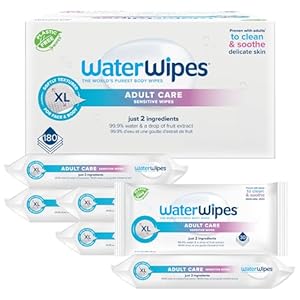 WaterWipes Adult Care Wipes, Extra-large 99.9% Water Based Wipes, Unscented & Hypoallergenic for Sensitive Skin, 180 Count (6 Packs)