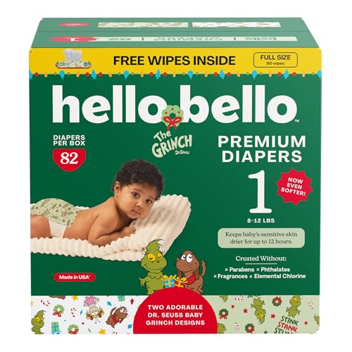 Image of Hello Bello Dr. Seuss Baby Grinch Premium Diapers, Size 1 (8-12 lbs), 82ct Plus Bonus Baby Wipes: Softness & Protection for Sensitive Skin