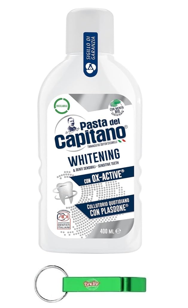 Pasta del Capitano Collutorio Whitening & Denti Sensibili - Enjuague bucal para dientes sensibles 400 ml + llavero Beni Culinari gratuito (12 unidades)