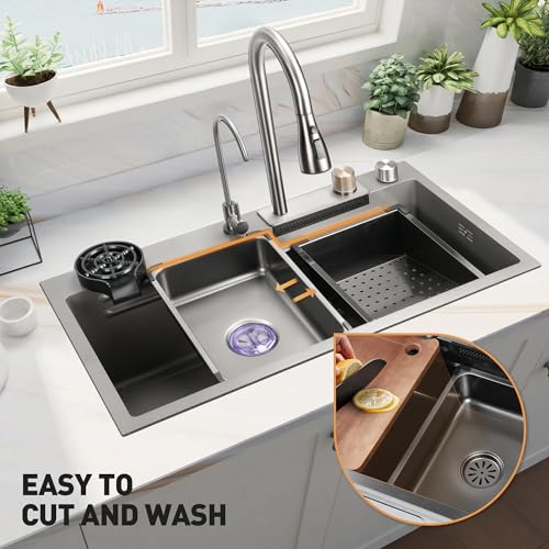 Rengue Waterfall Kitchen Sink, Drop In Single Bowl, Gray 304 Stainless Steel Workstation with Pull-Out Faucet and Multiple Accessories, 31.4917.778.66 Inch, RG-KSK01