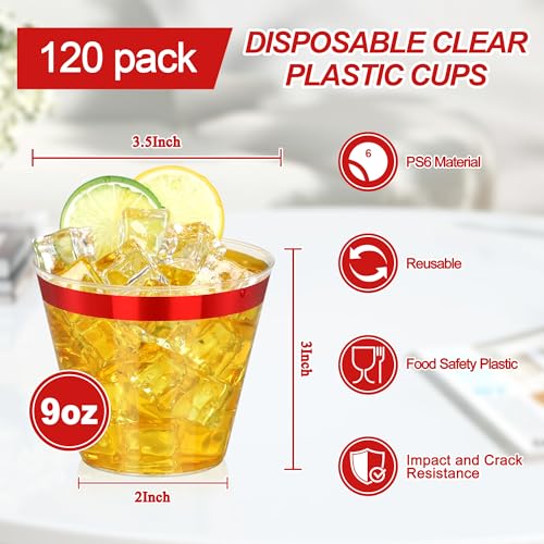Image of 120 Pcs Red Plastic Cups,9Oz Red Rimmed Plastic Cups,Heavy Duty Clear Disposable Plasitc Cocktail Tumblers Wine Cup for Party,Wedding,Birthday,Christmas