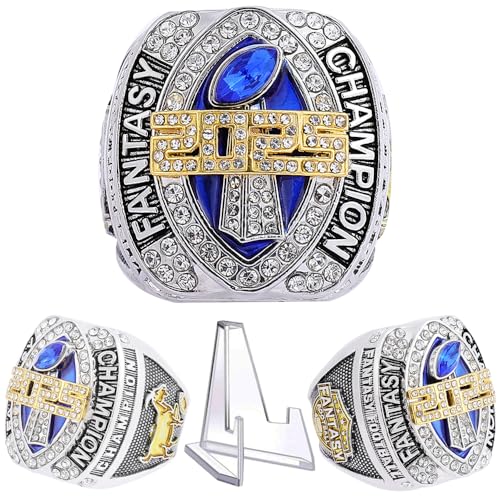 noblehead 2025 Fantasy Football Championship Ring Heavy FFL Champion Trophy Ring Gold Silver Tone Plated Award Trophy for Fantasy Football League Winner (ring and stand together size 11)