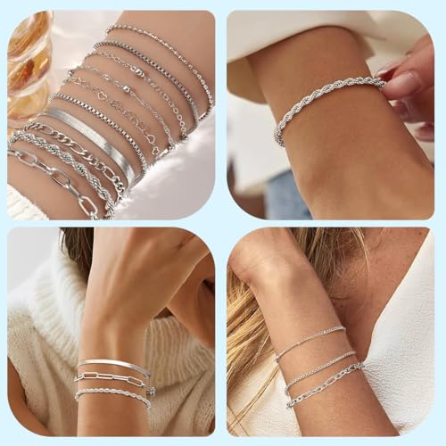 Image of SANNIDHI Bracelets for Women, Pack of 10 Chic Gold Silver Alloy Layered Bracelets Set Ladies Slim Link Bracelet for Woman Wrist Jewelry Gift
