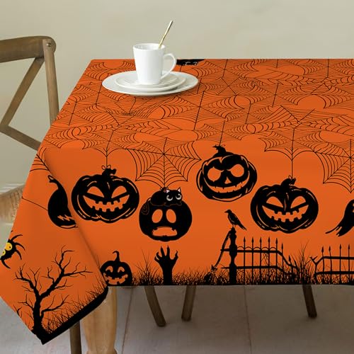 Halloween Tablecloth 52x70 Inches - Orange Halloween Decor - Graveyard Spider Web Table Cloth Rectangle Decor for Party, Dinner 70" x 52" (Rectangular