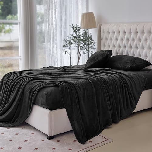 Elegant Comfort Luxuriously Soft 4-Piece Velvet Plush Flannel Sheet Set - Premium Quality - Cozy Warm, Anti-Static, Non Pilling Fuzzy Velvet Flannel Fleece Deep Pocket Sheet Set - Twin, Black