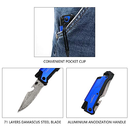 Image of ALBATROSS 6-in-1 Modern Damascus Steel Folding Pocket Knives with LED Light,Seatbelt Cutter,Glass Breaker,Magnesium Fire Starter,Bottle Opener;Multi-Function Emergency Tool(Blue-da)