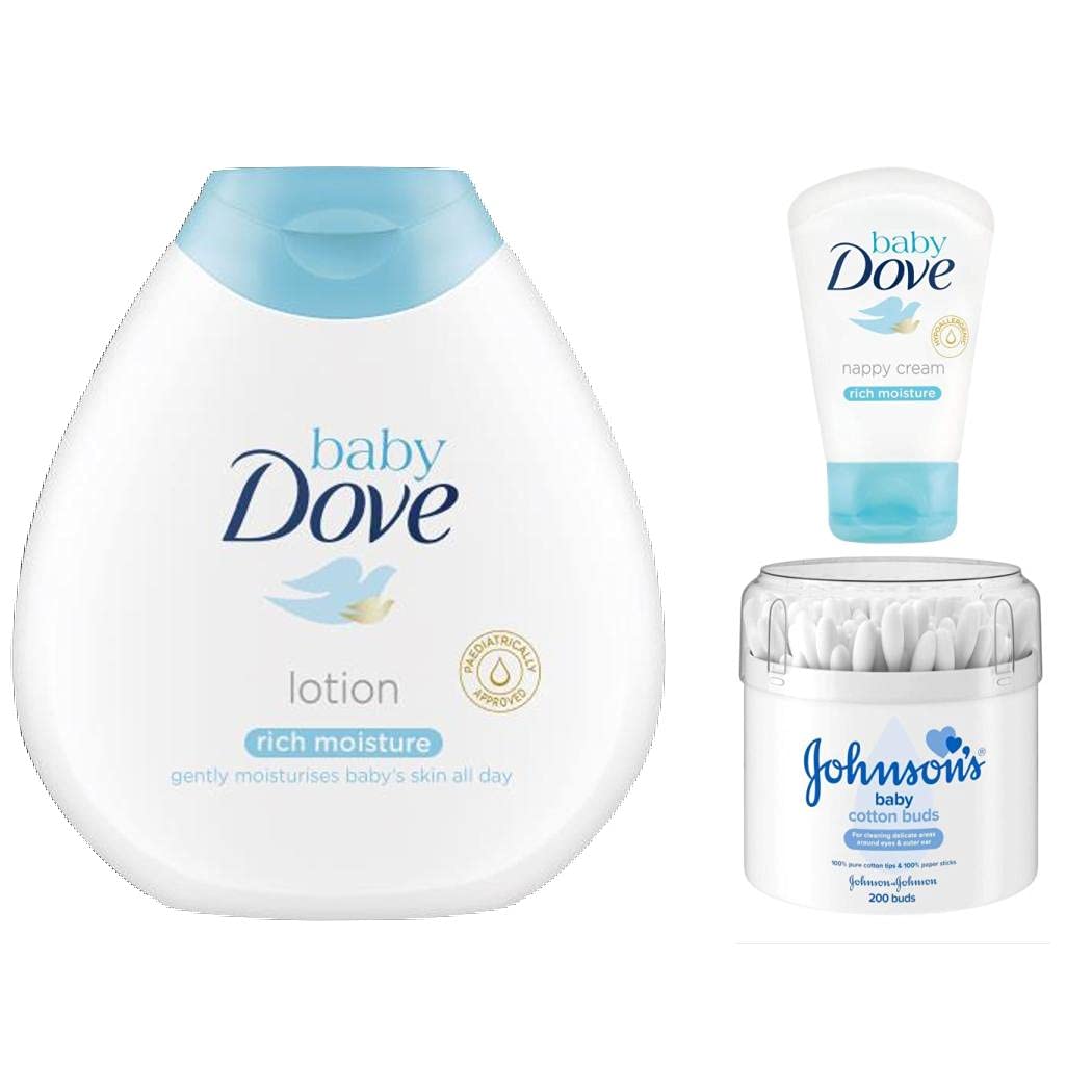YDFBaby Bath Set - Dove Baby Rich Moisture Body Lotion 200ml + Nappy Cream + Johnson’s Baby buds 200 Pack