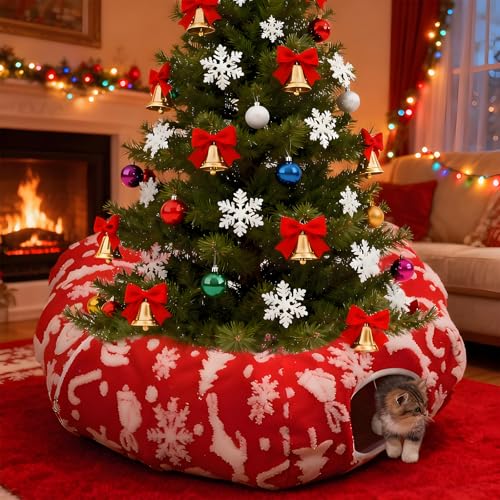 LoopTime Cat Tunnel Christmas Tree Skirt for Indoor Cats with Bed Christmas Cat Tunnel Peekaboo Cave Play Christmas Tree Cat Tunnels Cute Cat Donut Toys Tunnel Skirt Hideout Under Tree (Red 2)