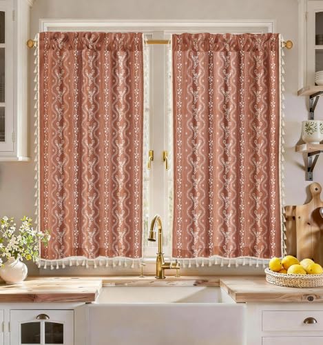 Image of Miss Adola Boho Kitchen Curtains - 45 Inch Length Linen Blend Floral Burnt Orange Cafe Curtains Tassels Tier Curtain Short Drapes Rod Pocket for Bathroom Living Room Windows Light Filtering, 2 Panels