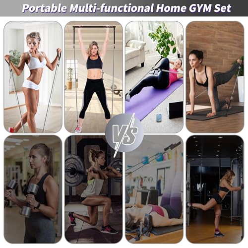 Image of Goocrun Portable Pilates Bar Kit with Resistance Bands for Men and Women - 3 Set Exercise Resistance Bands - Multifunctional Home Gym - Supports Full-Body Workouts - with Fitness Poster and Video
