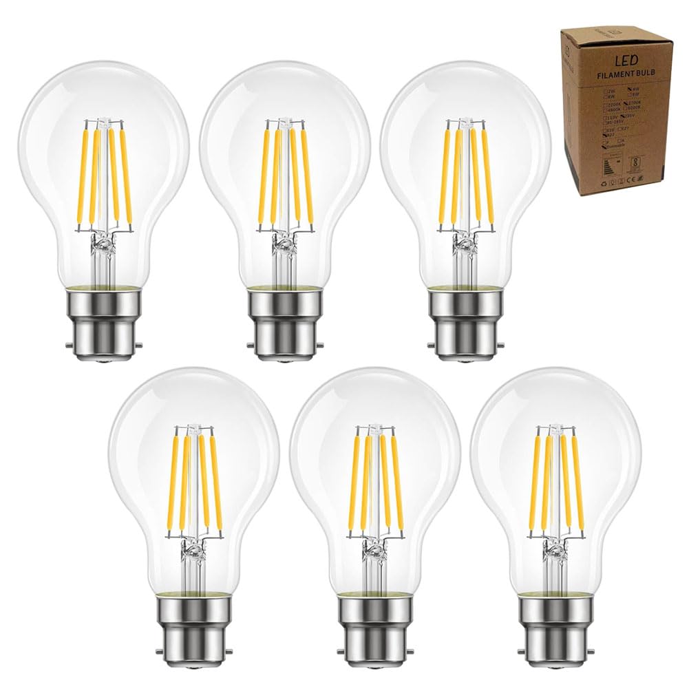 B22 Bayonet Dimmable LED Light Bulbs, 4W Energy Saving Classic A60 LED Filament Light Bulb Clear Glass 2700k Warm White B22 Bayonet Cap Large Globe Lightbulbs, 40W Incandescent Equivalent, Pack of 6