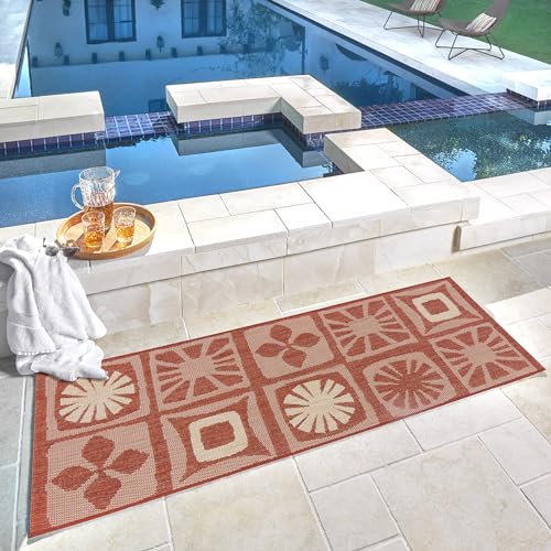 Gertmenian Indoor/Outdoor Kona Coast by Reyn Spooner Runner Rug - 2x6 Runner, Stain & UV Resistant, Ideal for Deck, Patio, Poolside Rooms - Hawaii Abstract Tile, Red, 46667