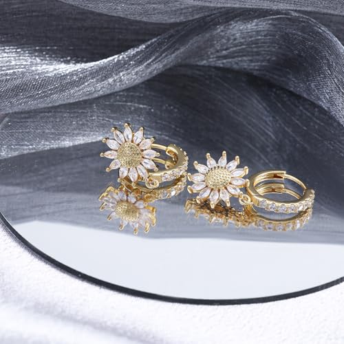 Gold Sunflower Earrings for Women - Sterling Silver Flower Hoop Earrings Classic Hypoallergenic White Cubic Zirconia Fashion Dainty Loop Earrings Gift for Her Birthday Mother's Day4