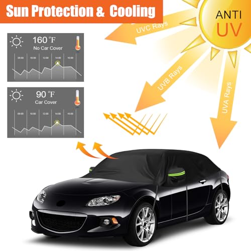 Image of Black Half Car Cover for 2005-2015 Mazda MX-5 Miata | Fits NC Generation, Weatherproof Sun Protection, Reflective Strips