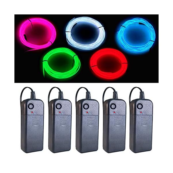 Maxlax el wire 5 pack, 9ft neon light wire noise reduction with battery pack(green, blue, red, white, pink)…