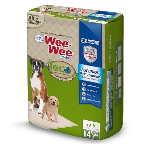 Image of Four Paws Wee-Wee Superior Performance Bamboo Pee Pads for Dogs, Earth Friendly Dog & Puppy Potty Training Pads, Crate Liners, Housebreaking Supplies, 22 inch x 23 inch (14 Count)