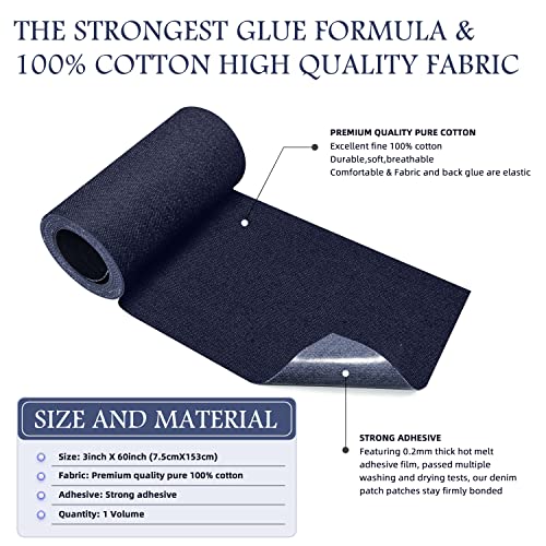 Image of KING MOUNTAIN Iron-on Repair Patch,3 inchx60 inch100% Cotton Denim Iron-on Repair Patch, Jeans and Clothing Repair and Decoration Kit (Dark Blue)