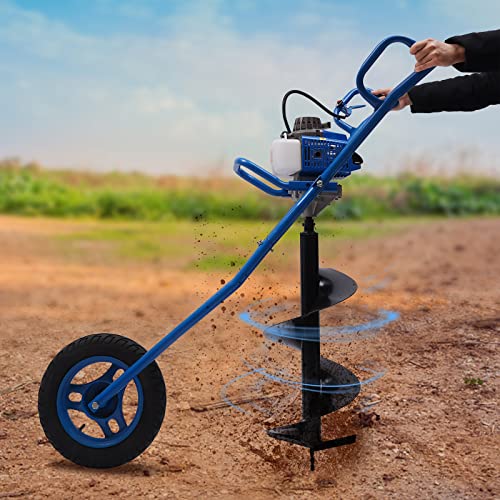 LENDISIY Tarière à essence 2 temps, 63 cm3 2,2 kW avec roues, tarière à essence pour pieux, tarière de jardin avec accessoires de forage Ø 300 mm, tarière à terre avec brouette (Bleu)
