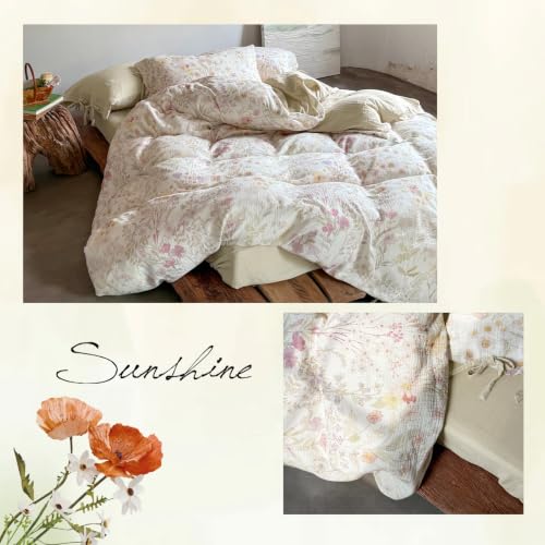 Image of VM VOUGEMARKET Cottagecore Wildflower Duvet Cover Set Twin,Luxury Crinkled Double Layer Cotton Bedding Bedding Set,Lightweight Breathable Floral Comforter Cover for Girls Women