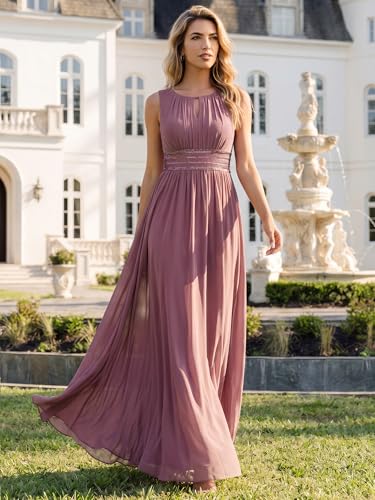 Image of Ever-Pretty Women's Chiffon Sleeveles Summer Formal Wedding Guest Dresses Ruched A Line Hollow Out Crew Neck Bridesmaid Dress
