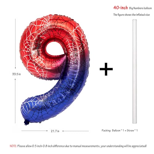 Image of 40 In Red And Blue Spider Theme Large Number 9 Balloon | Giant Large Helium Foil Balloon for Boy or Girl 9 th Birthday Wedding Anniversary Baby Shower Party Decorations