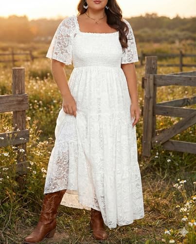 Image of Plus Size Wedding Dress Bride Boho Lace Formal Square Neck Ruffle Sleeves Long Dresses for Curvy Women