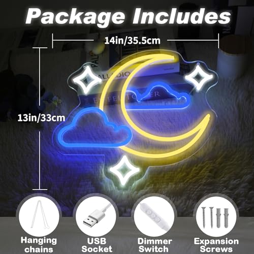 Image of Moon Star Cloud Neon Sign - Moon Star Cloud LED Light for Kids, Teens, Baby Bedroom, Game Room Wall Decor - Dimmeable Premium USB Powered Neon Night Light with On /Off Switch - 14x13-Inch