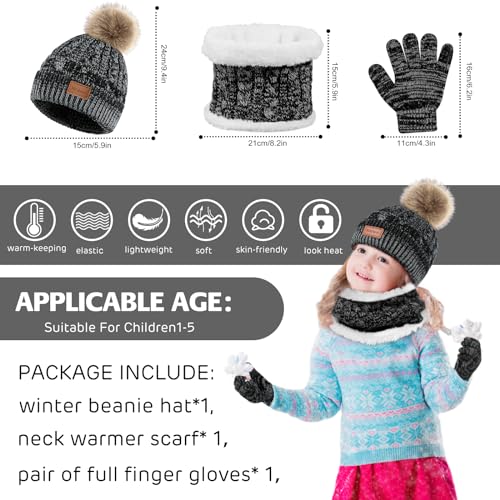 Hicdaw 3Pcs Kids Winter Hat and Scarf Set Winter Hats for Kids Toddler Beanie Hat Fleece Lined Scarf for Boys Girls 1-5 Years2