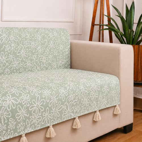 Image of STITCHNEST 'Verdant Phool Stories' 2 Seater Sofa Cover - Full Coverage| Elegant Jacquard Fabric, Decorative Tassels, Washable & Durable for Modern Living