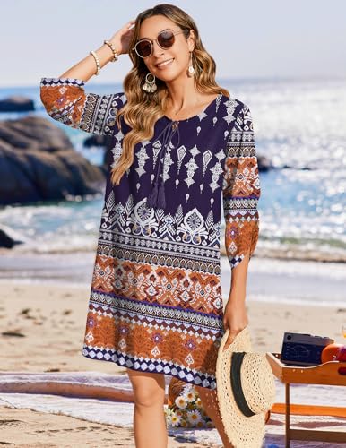 Zeagoo Womens Boho Dresses Casual Beach Summer Dress Tassel Tie Neck 3/4 Long Sleeve Mini Sundress 2025 Floral Print Cover Up4