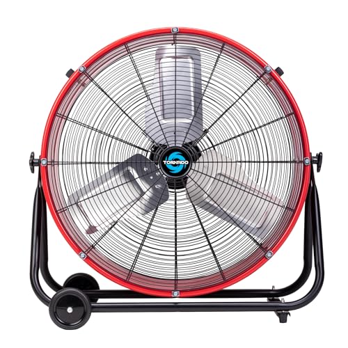 Tornado 24 Inch High Velocity Heavy Duty Tilt Metal Drum Fan Wide Version Red Commercial, Industrial Use 3 Speed 8800 CFM - 8 FT Cord UL Safety Listed (RED)