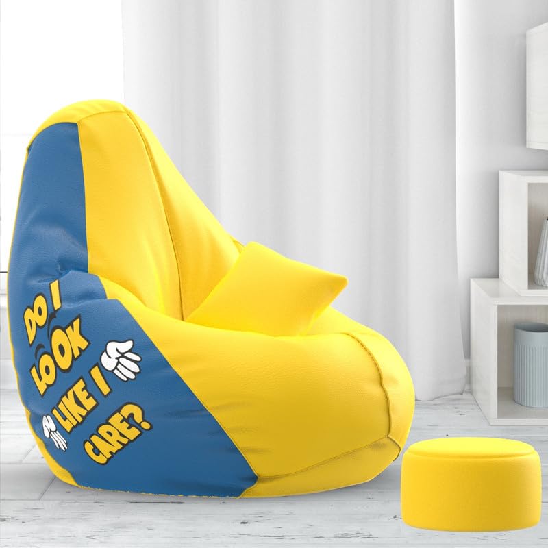 Image of Biggie Bean Bag with Beans Filled 5XL Evergreen Classics Bean Bag-Loud Prints-Soft Landings-Styled with Free Cushion & Footrest (Matching Color : Printed Do i Care - Yellow Blue)