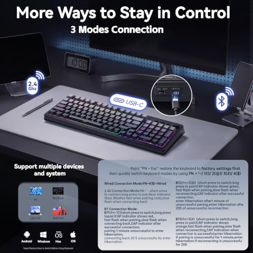 Image of AULA Keyboard Gaming Wireless Creamy Computer Keyboards with Number Pad | Side-printed Light Transmission Letters Keyboard,99 Keys,RGB Backlit,Tri-Mode BT /2.4GHz /USB-C Connection,Gradient Grey