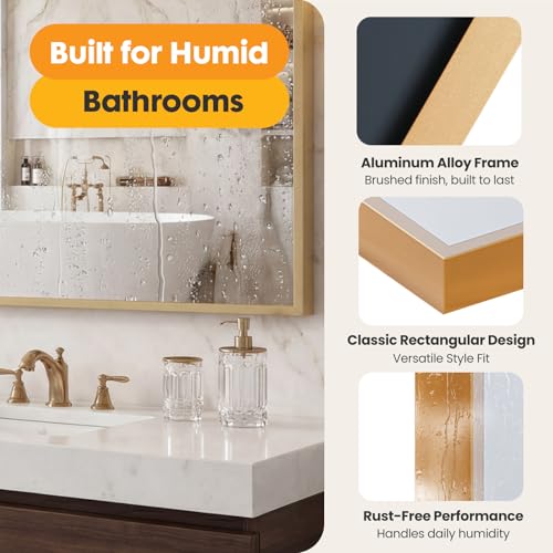 Image of Sweetcrispy Bathroom Mirror for Over Sink, 30 inch x 40 inch Rectangle | Wall Mount Mirrors with Metal Frame, Modern Vanity Mirror with Tempered Glass, for Home Decor, Anti-Rust, Gold