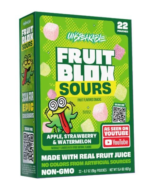 Fruit Blox Sours Fruit Snacks, 22 Pouches, Apple, Strawberry & Watermelon, Made with Real Fruit Juice, Non-GMO, Soft & Chewy Sour Gummy Snacks