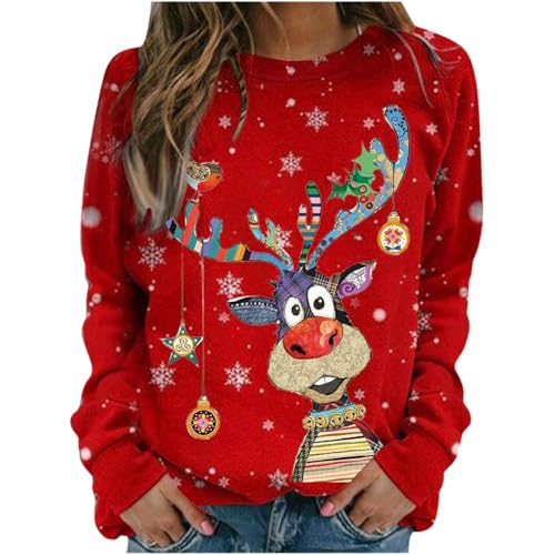Jersey de Navidad para Mujer, Sudadera Divertida de Navidad, Cuello Redondo, Sudadera para Mujer, Sudaderas de Navideño, Camiseta de Manga Larga, Tallas S-3XL