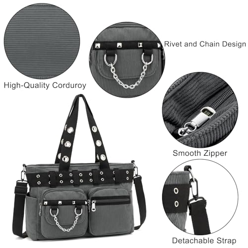 Image of Tote Bag for Women, Corduroy Gothic Purse Goth Bag with Zipper for College, Work, Travel, Gym