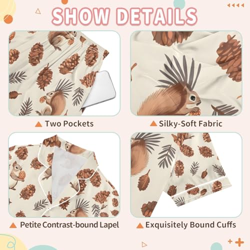 senya Squirrel Eat Pine Nuts Satin Summer Pajama Sets Silk Short Sleeve Button Down Sleepwear3