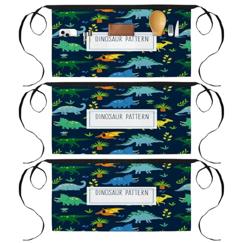 Tablier court de chef (lot de 3) avec 3 poches pour cuisine et bar motif dinosaure