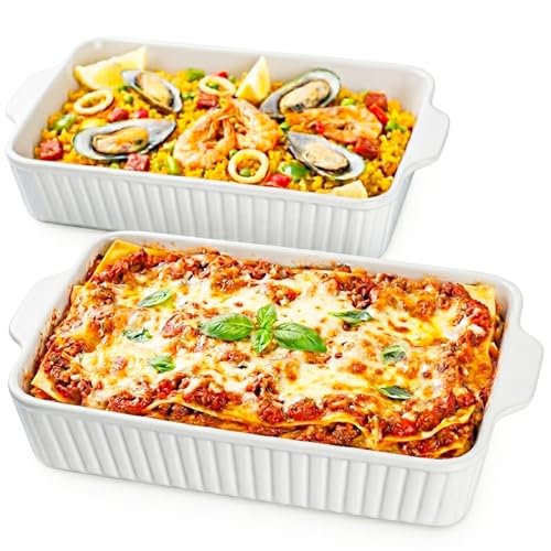 Dizada 9x13 Casserole Dish Set of 2 - Deep 4.2 Qt Porcelain Baking Dishes, Ceramic Bakeware for Lasagna, Roasts, Cake, Oven Microwave Safe(NO LIDS)