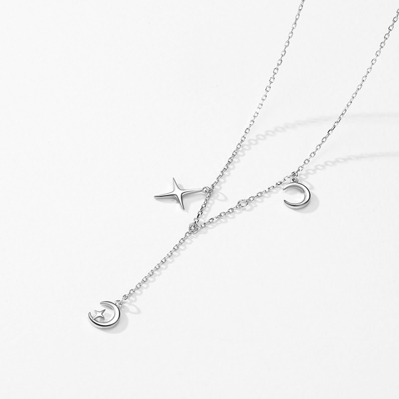 Collane Oro Bianco, Collana Lunga Donna Ciondolo Catenina Gioielli Oro Bianco 9K/14K/18K Stella Luna 40+5cm